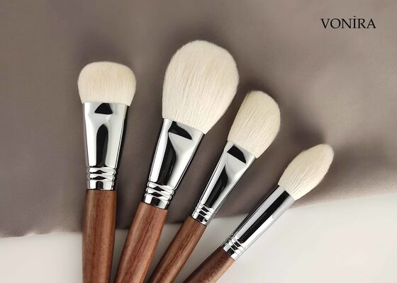 Pennello Vonira personalizzato all'ingrosso in pelo di capra bianco naturale con manico in ebano marrone per cipria viso e bronzer