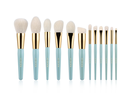Set di pennelli per trucco essenziale in oro verde 12 pezzi con etichetta privata personalizzata