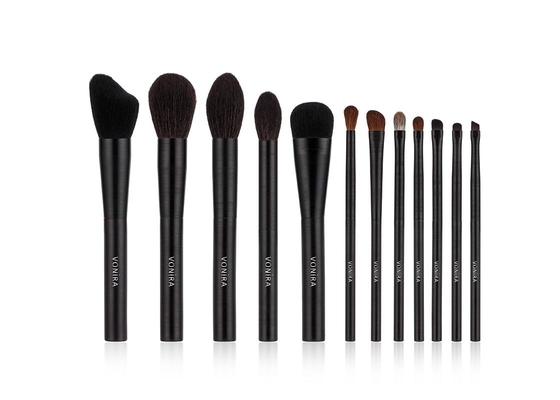 Set di pennelli naturale 12pcs di trucco dei capelli del vegano con la maniglia nera del metallo di trafilatura